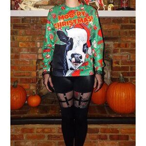 Vintage Moory Christmas Cow Long Sleeve Top S Ugly Christmas Style long sleeve